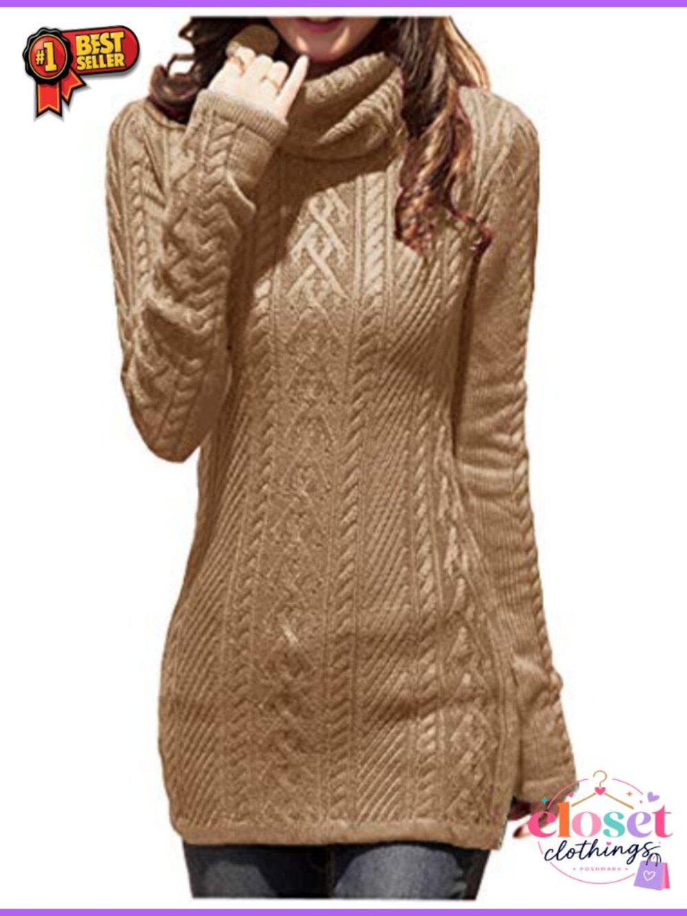 Women Long Sleeve Turtleneck Cable Knit Sweater Dress Slim Fit Pullover